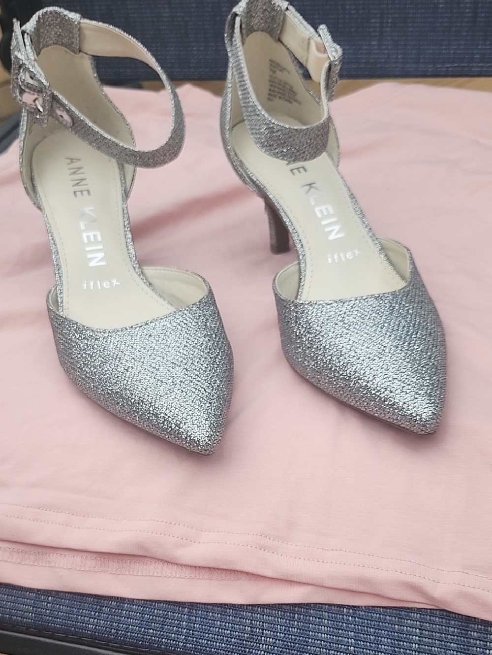 Anne Klein Silver Glitter Pointed-Toe Ankle-Strap Heels